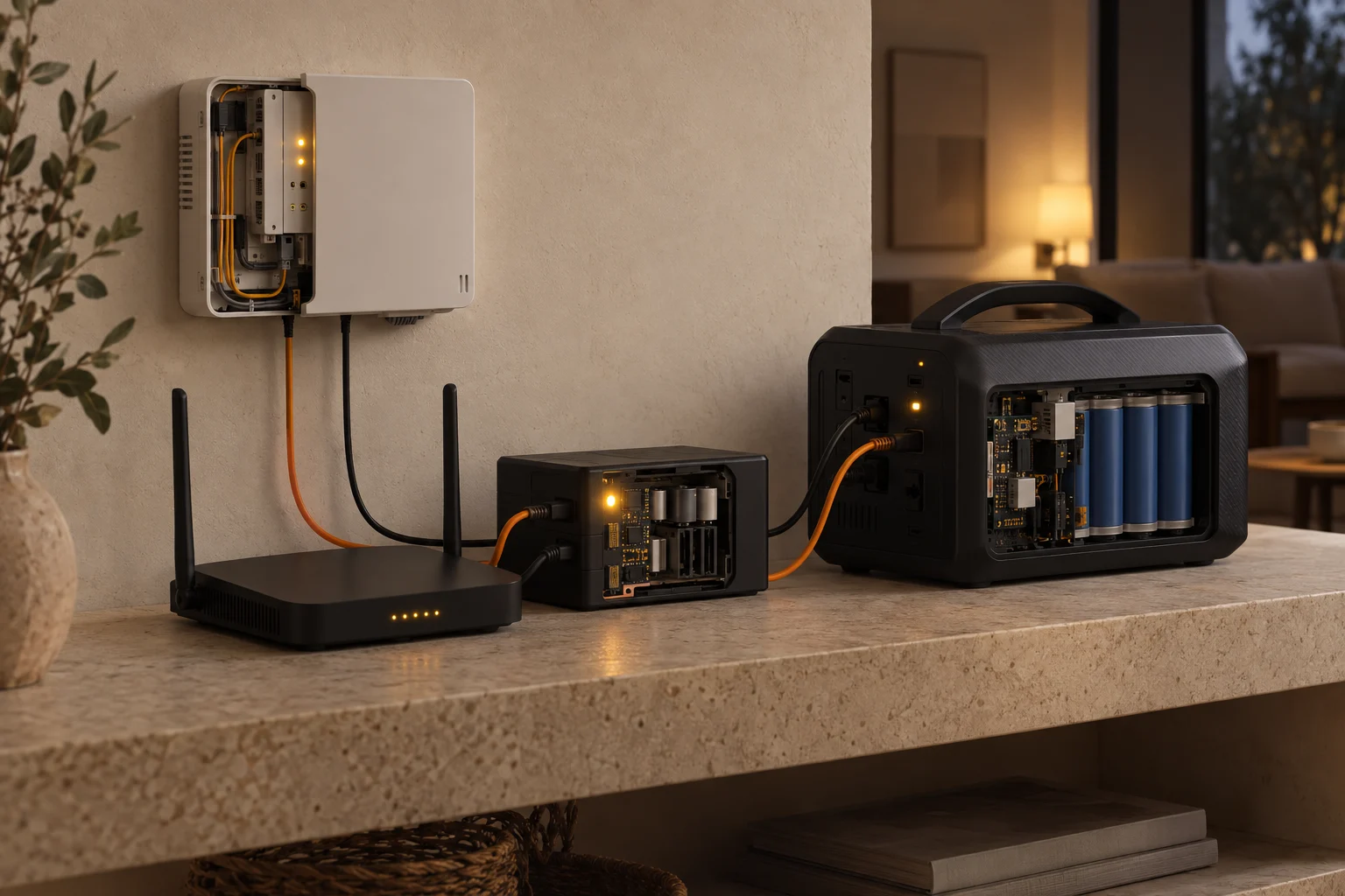 Fibre ONT and router connected to battery backup on a warm stone shelf