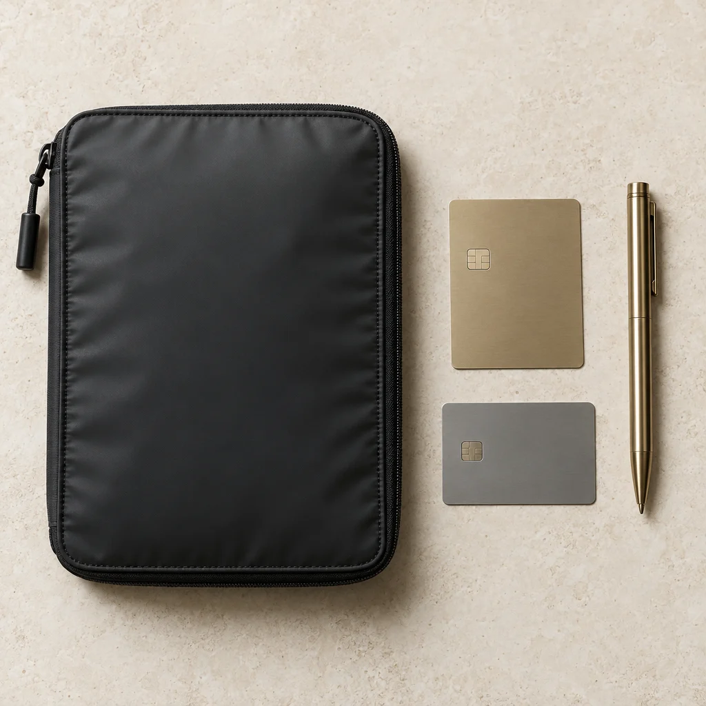Emergency cash & document pouch equipment on a stone surface